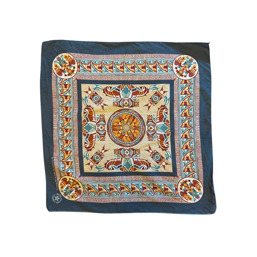 Vintage RN 14193 Southwestern Tribal Print Bandana Blue Made in USA Scarf